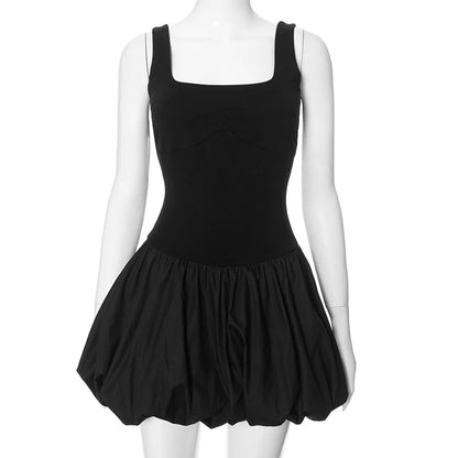 Vestido mini de patchwork con pliegues para mujer, ajustado, de cintura alta, para playa, sin mangas, corte en A, liso, para fiesta, de verano
