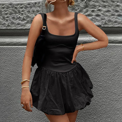 Vestido mini de patchwork con pliegues para mujer, ajustado, de cintura alta, para playa, sin mangas, corte en A, liso, para fiesta, de verano