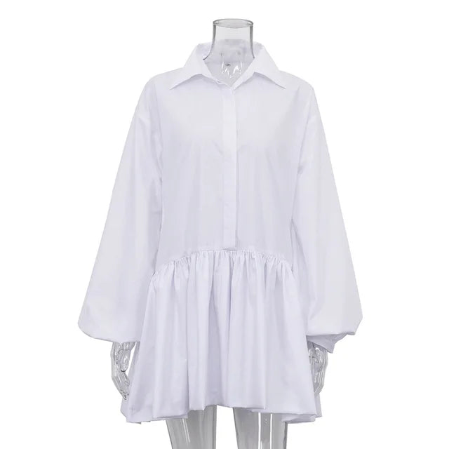 Folds Slim Mini Dresses For Women 2025 Casual Lapel Solid Loose Vestido Para Mujer Autumn Fashion Streetwear Dress Woman