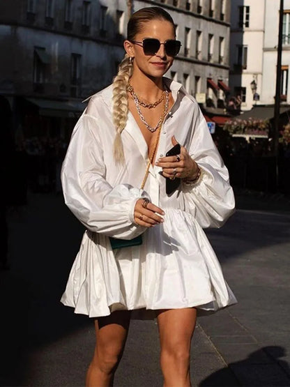 Folds Slim Mini Dresses For Women 2025 Casual Lapel Solid Loose Vestido Para Mujer Autumn Fashion Streetwear Dress Woman