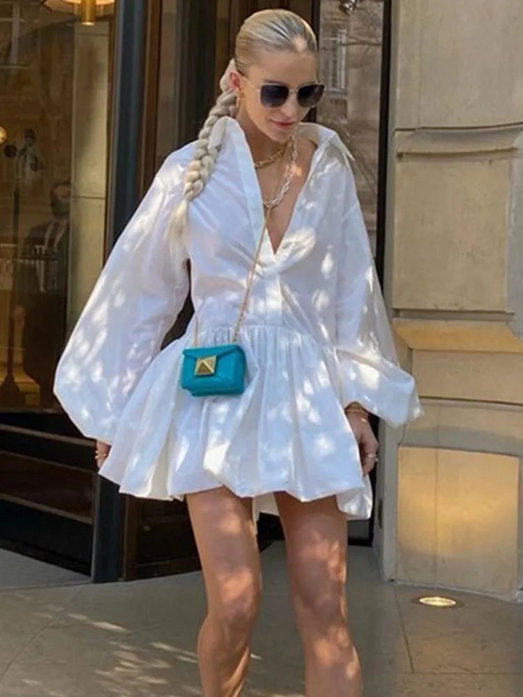 Folds Slim Mini Dresses For Women 2025 Casual Lapel Solid Loose Vestido Para Mujer Autumn Fashion Streetwear Dress Woman