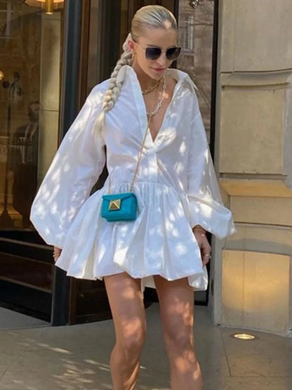 Folds Slim Mini Dresses For Women 2025 Casual Lapel Solid Loose Vestido Para Mujer Autumn Fashion Streetwear Dress Woman