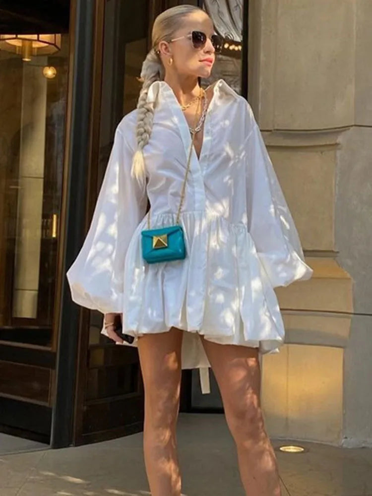 Folds Slim Mini Dresses For Women 2025 Casual Lapel Solid Loose Vestido Para Mujer Autumn Fashion Streetwear Dress Woman
