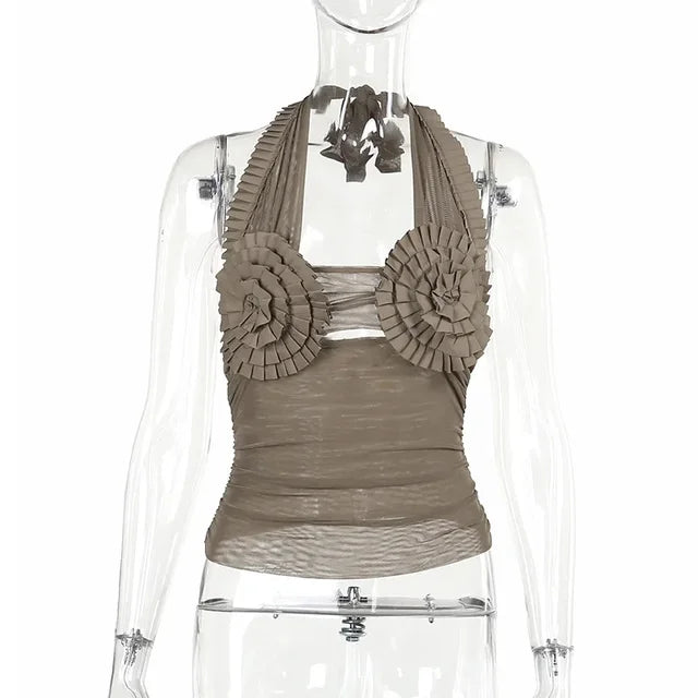 Camiseta sin mangas con pliegues de girasol para mujer, de malla, ajustada, sin mangas, para fiesta en club, sexy, sin espalda, estilo vendaje, para mujer