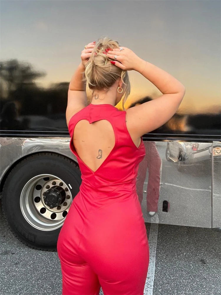 Mono vaquero sin mangas con huecos en forma de corazón para mujer, peto ajustado con espalda descubierta de verano para mujer, monos sexis ajustados para mujer, elegante