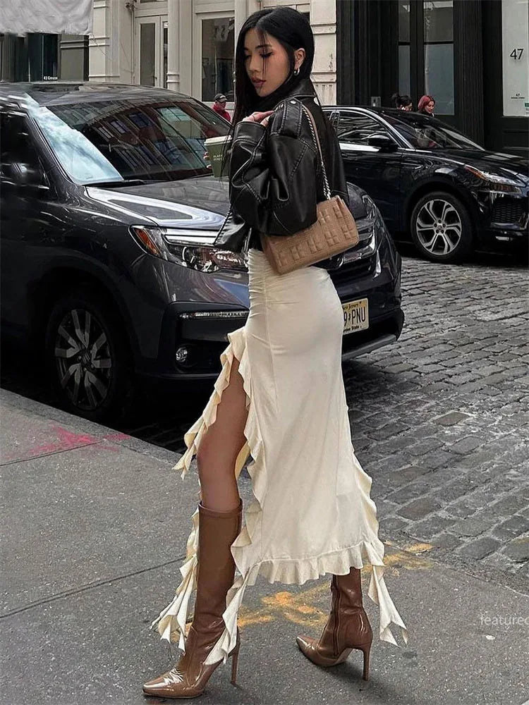 High Waist Bodycon Long Skirt For Women 2025 Casual Hollow Out Tassel Faldas Ajustadas Side Slit Party Maxi Skirts Woman