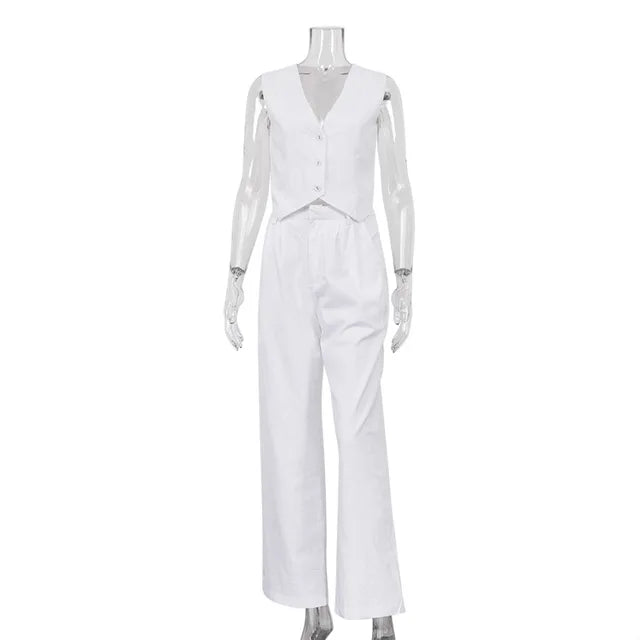 High Waist Loose Pant Sets Crop Tops And Pants 2 Piece Sets Womens Outfits Holiday Solid Trouser Suit For Women Summer