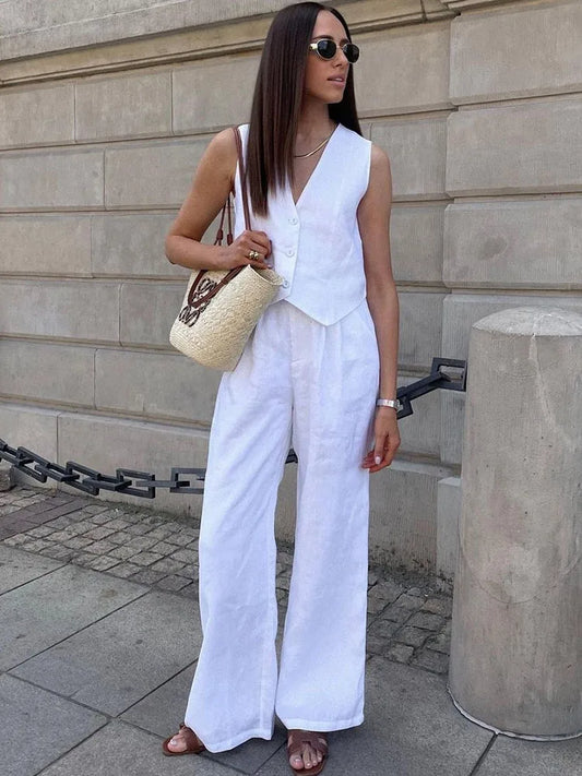 Conjuntos de pantalón holgado de cintura alta, top corto y pantalón, conjuntos de 2 piezas para mujer, trajes de pantalón liso para vacaciones de verano.