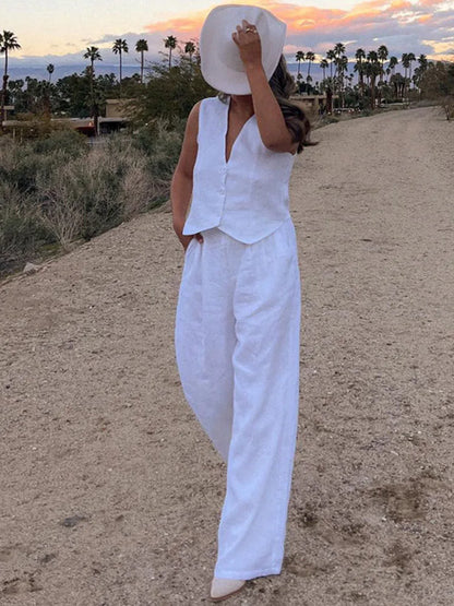 High Waist Loose Pant Sets Crop Tops And Pants 2 Piece Sets Womens Outfits Holiday Solid Trouser Suit For Women Summer