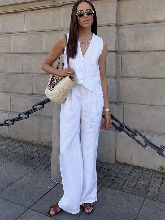 Conjuntos de pantalón holgado de cintura alta, top corto y pantalón, conjuntos de 2 piezas para mujer, trajes de pantalón liso para vacaciones de verano.