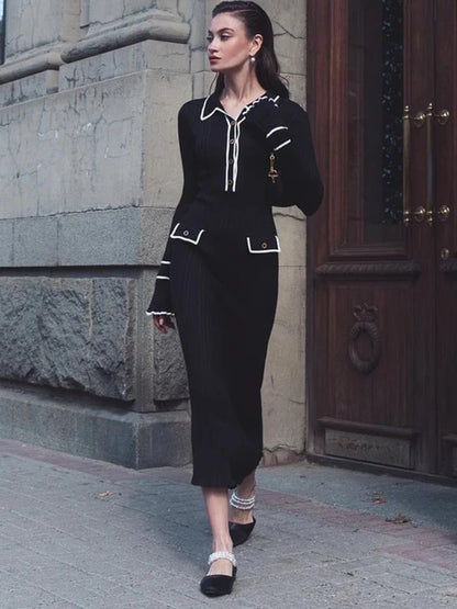 High Waist Ruffled Maxi Dresses For Women Autumn Winter Knitted Slim Long Dress Women’s Vintage Dress Woman Retro Elegant