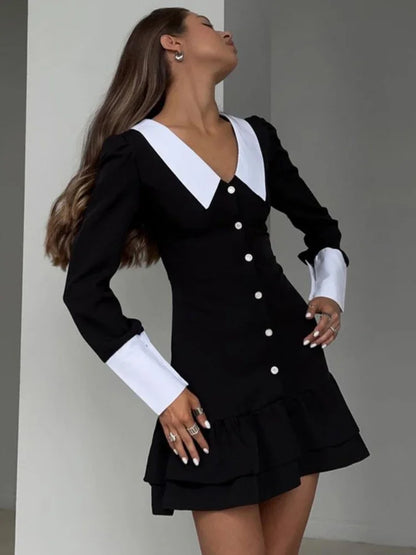 Vestido de noche de cintura alta para mujer, estilo retro, con empalme, manga larga, cuello vuelto, pliegues, minivestido para mujer, vestidos de fiesta y boda para mujer