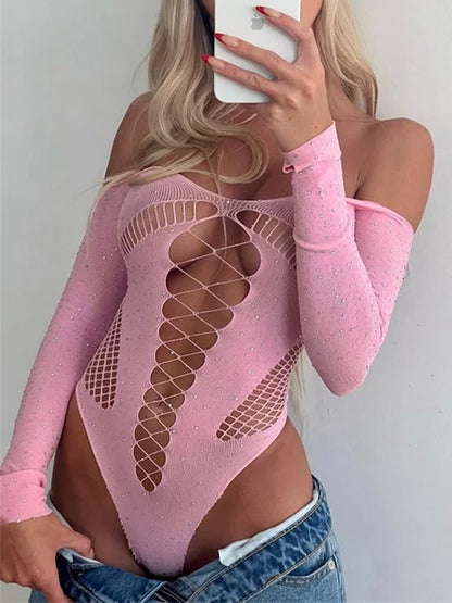 Hollow Out Lace Hot Bodysuit Top Lingerie For Women Mesh See-through Long Sleeve Body Tops Female Nightclub Bodysuits