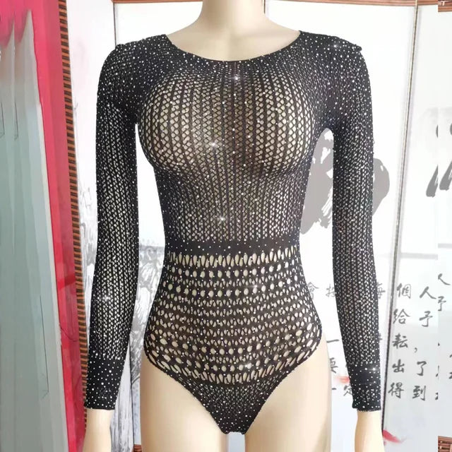 Hot Drill Hollow Out Body Tops For Women Sexy Off-shoulder Mesh Diamonds Bodysuit Backless Nightclub Party Top Playsuit