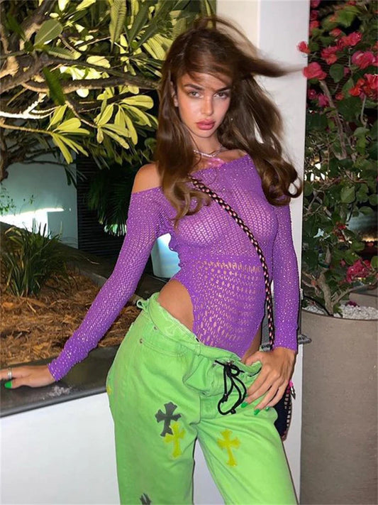 Body sexy con agujeros y hombros descubiertos para mujer, de malla con diamantes, sin espalda, para fiesta en discoteca