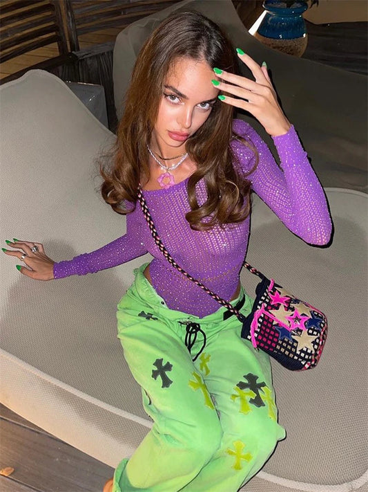Body sexy con agujeros y hombros descubiertos para mujer, de malla con diamantes, sin espalda, para fiesta en discoteca