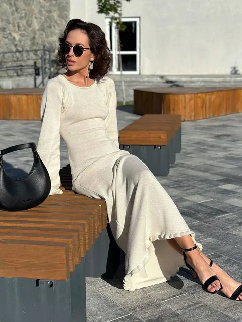Vestido largo de punto sin espalda para mujer, con volantes, cordones y cintura alta, elegante, estilo vendaje, para fiesta