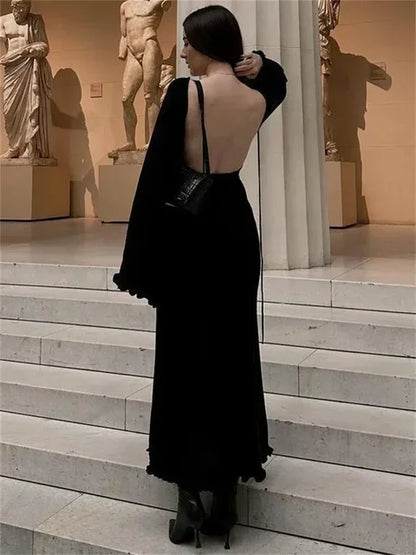 Vestido largo de punto sin espalda para mujer, con volantes, cordones y cintura alta, elegante, estilo vendaje, para fiesta