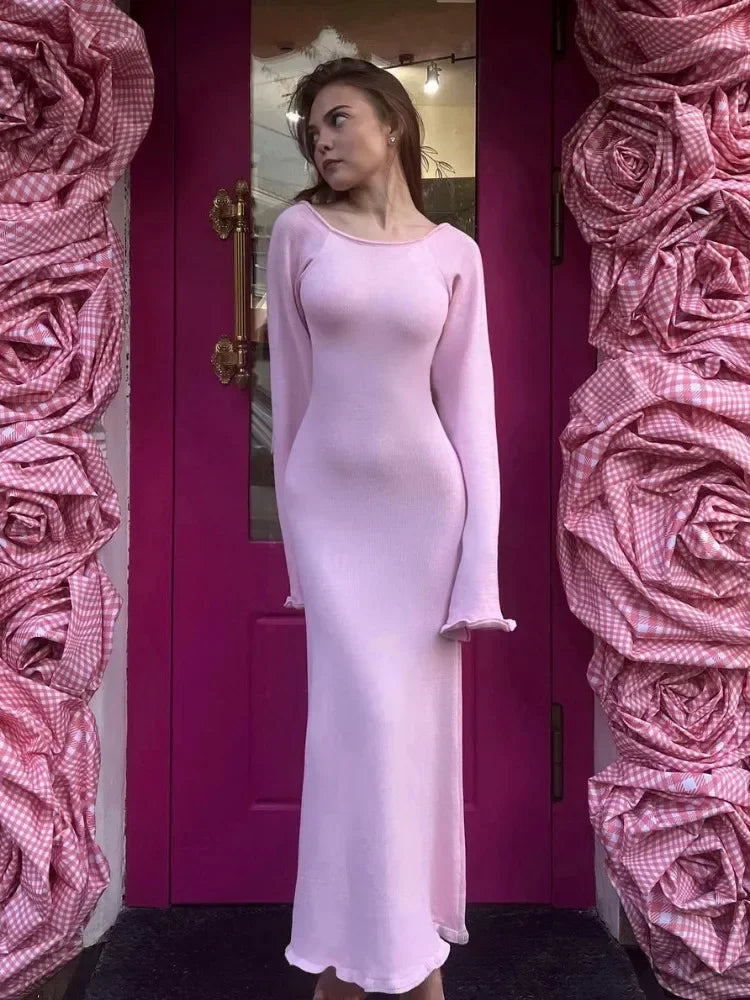 Vestido largo de punto sin espalda para mujer, con volantes, cordones y cintura alta, elegante, estilo vendaje, para fiesta
