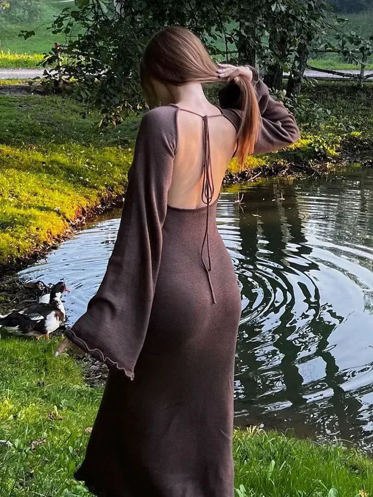 Vestido largo de punto sin espalda para mujer, con volantes, cordones y cintura alta, elegante, estilo vendaje, para fiesta