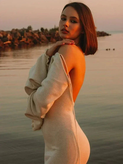 Vestido largo de punto sin espalda para mujer, con volantes, cordones y cintura alta, elegante, estilo vendaje, para fiesta