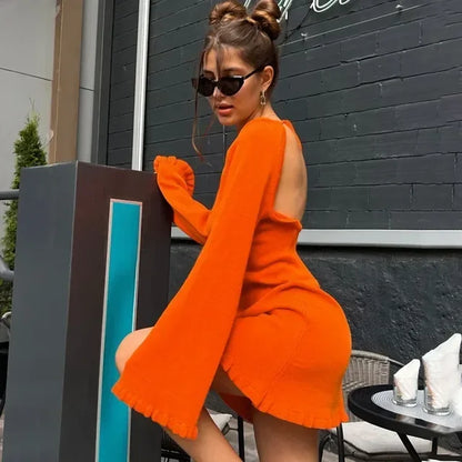 Vestido mini de punto sin espalda para mujer, con cordones, suelto, liso, sexy, corto, informal, de cintura alta