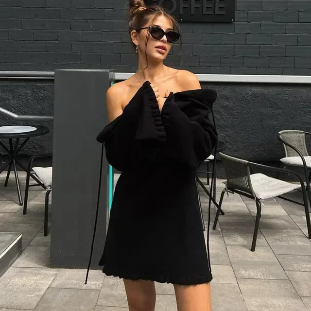 Vestido mini de punto sin espalda para mujer, con cordones, suelto, liso, sexy, corto, informal, de cintura alta