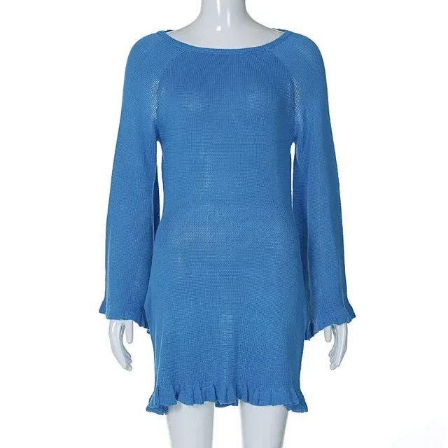 Vestido mini de punto sin espalda para mujer, con cordones, suelto, liso, sexy, corto, informal, de cintura alta