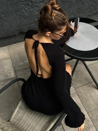 Vestido mini de punto sin espalda para mujer, con cordones, suelto, liso, sexy, corto, informal, de cintura alta