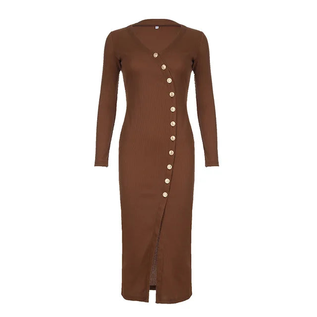 Knitted Maxi Dress For Women Sexy Slit Slim Long Sleeve Buttons Dresses Knitwear Party Elegant Retro Dress Lady 2025 New