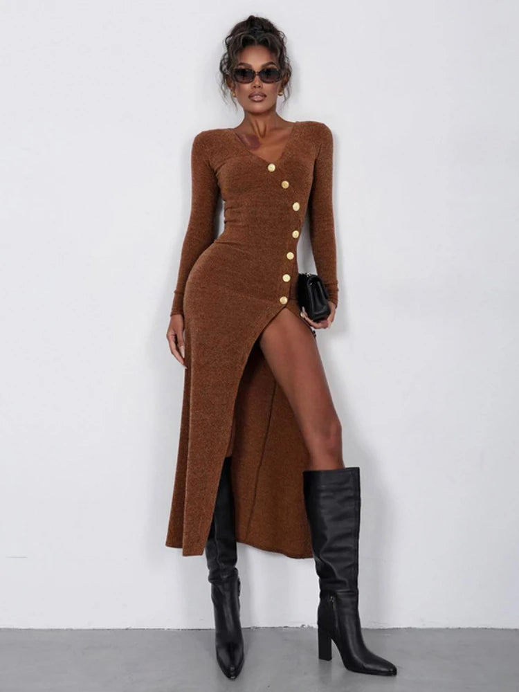 Knitted Maxi Dress For Women Sexy Slit Slim Long Sleeve Buttons Dresses Knitwear Party Elegant Retro Dress Lady 2025 New