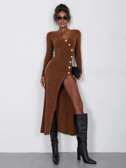 Knitted Maxi Dress For Women Sexy Slit Slim Long Sleeve Buttons Dresses Knitwear Party Elegant Retro Dress Lady 2025 New