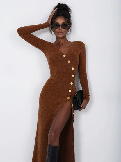 Knitted Maxi Dress For Women Sexy Slit Slim Long Sleeve Buttons Dresses Knitwear Party Elegant Retro Dress Lady 2025 New