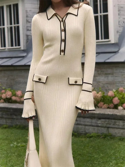 Vestido mini de punto para mujer, otoño invierno, con volantes, acanalado, cintura alta, elegante, manga larga, para banquete