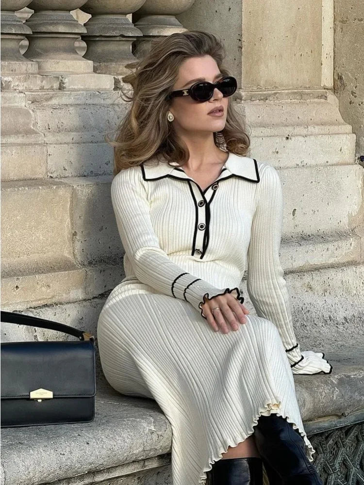 Vestido mini de punto para mujer, otoño invierno, con volantes, acanalado, cintura alta, elegante, manga larga, para banquete