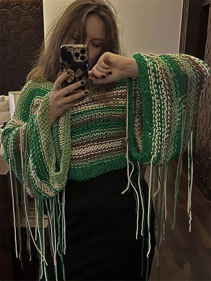 Suéter de punto con borlas para mujer, playera holgada sexy con diseño de arcoíris, jersey corto de moda para vacaciones