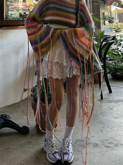 Suéter de punto con borlas para mujer, playera holgada sexy con diseño de arcoíris, jersey corto de moda para vacaciones