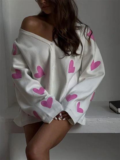 Cárdigan de punto para mujer, manga larga, suelto, cuello en V profundo, suéter informal para mujer, bordado con corazón, abrigo de otoño para mujer, nuevo 2025
