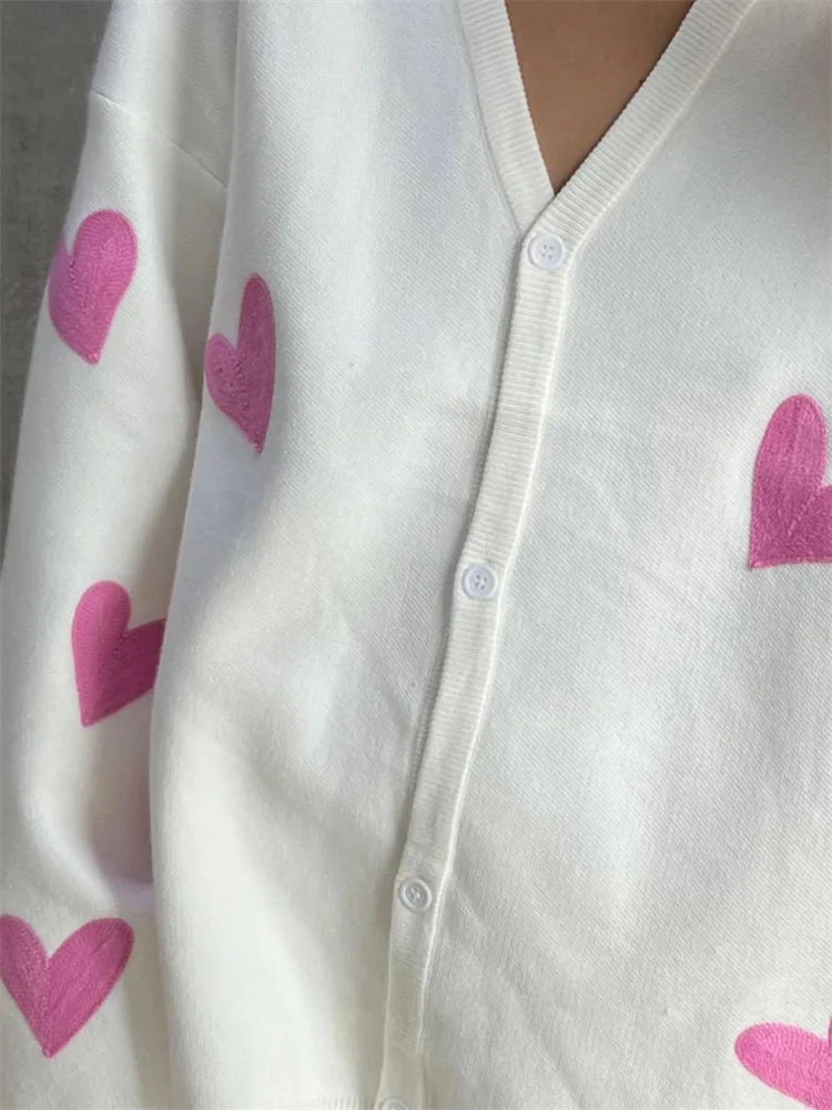 Cárdigan de punto para mujer, manga larga, suelto, cuello en V profundo, suéter informal para mujer, bordado con corazón, abrigo de otoño para mujer, nuevo 2025