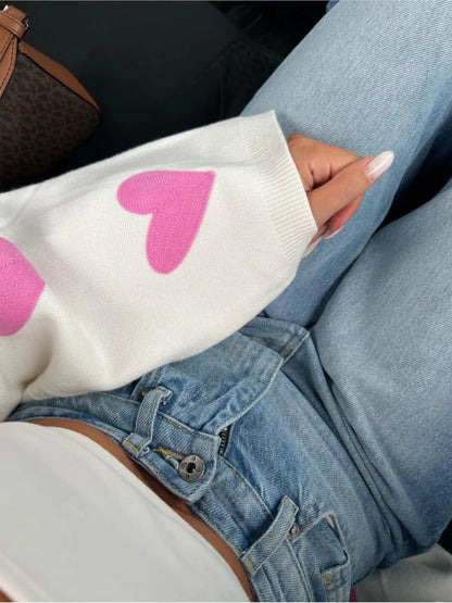 Cárdigan de punto para mujer, manga larga, suelto, cuello en V profundo, suéter informal para mujer, bordado con corazón, abrigo de otoño para mujer, nuevo 2025