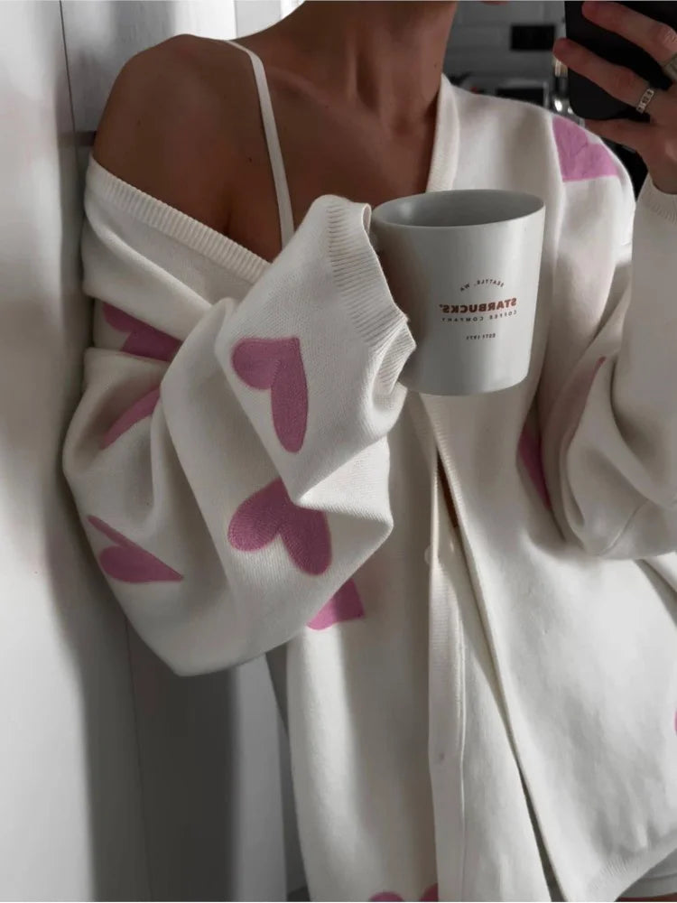Cárdigan de punto para mujer, manga larga, suelto, cuello en V profundo, suéter informal para mujer, bordado con corazón, abrigo de otoño para mujer, nuevo 2025