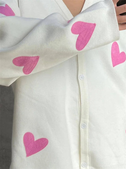 Cárdigan de punto para mujer, manga larga, suelto, cuello en V profundo, suéter informal para mujer, bordado con corazón, abrigo de otoño para mujer, nuevo 2025