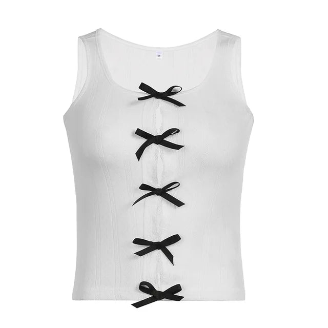 Lace Bow Splice Tank Top Women Sexy Hollow Out Slim Sleeveless Shirts Hot Girls Bodycon Fashion Crop Tops Woman Clothing