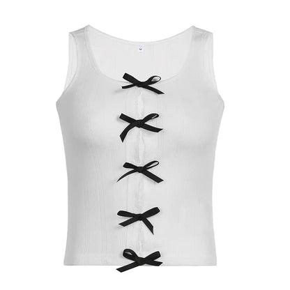 Lace Bow Splice Tank Top Women Sexy Hollow Out Slim Sleeveless Shirts Hot Girls Bodycon Fashion Crop Tops Woman Clothing