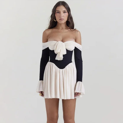 Vestido mini de encaje con pliegues para mujer, hombros descubiertos, ajustado, sexy, para club, a la moda
