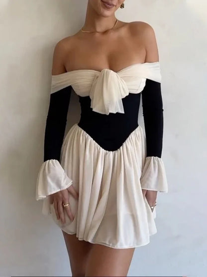Vestido mini de encaje con pliegues para mujer, hombros descubiertos, ajustado, sexy, para club, a la moda
