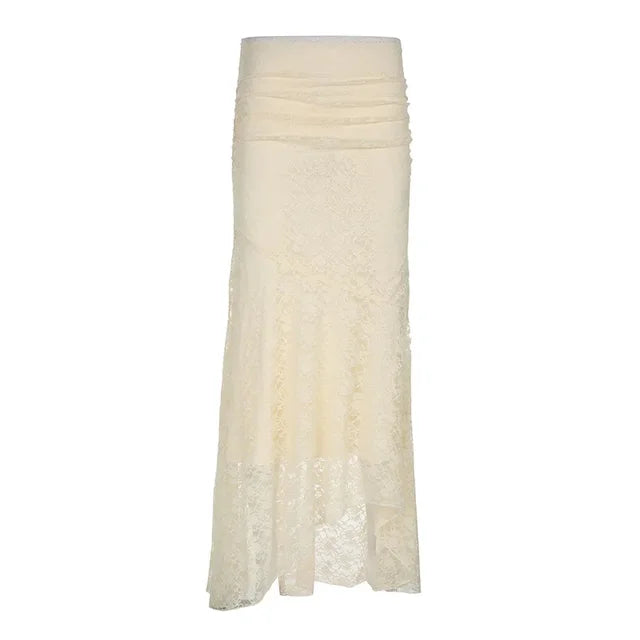 Lace Mesh Splice Long Skirts For Women 2025 See Through Sexy High Waist Maxi Skirt Femme Club Hollow Out Skirts Ladies