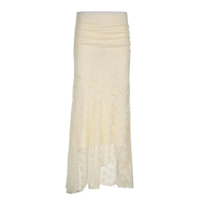 Lace Mesh Splice Long Skirts For Women 2025 See Through Sexy High Waist Maxi Skirt Femme Club Hollow Out Skirts Ladies