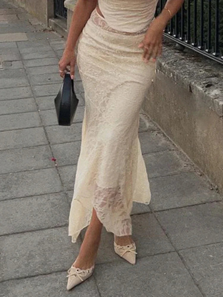 Lace Mesh Splice Long Skirts For Women 2025 See Through Sexy High Waist Maxi Skirt Femme Club Hollow Out Skirts Ladies