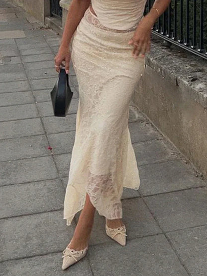 Lace Mesh Splice Long Skirts For Women 2025 See Through Sexy High Waist Maxi Skirt Femme Club Hollow Out Skirts Ladies